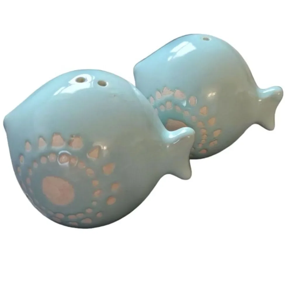 Pottery Salt & Pepper Shakers Set Fish Blue Nautical Coastal Decor Unique